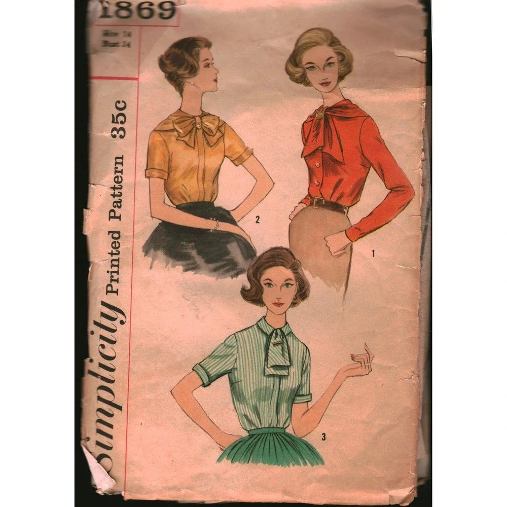 Vintage 1950s Simplicity 1869 Blouse Sewing Pattern Size 14 Bust 34 Bow Necktie